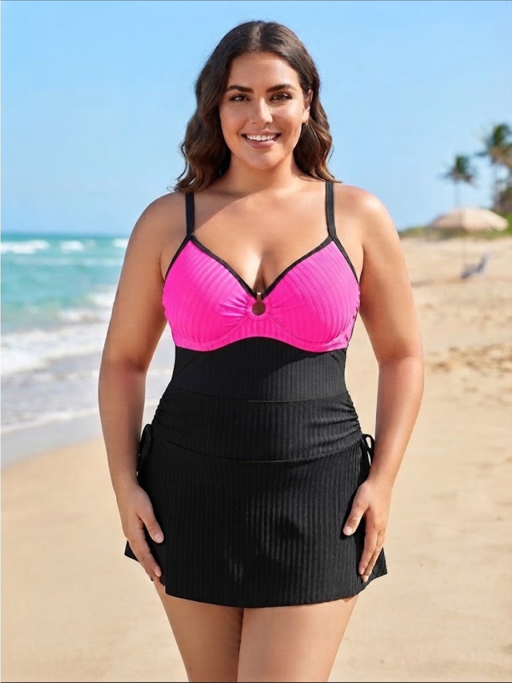 SHEIN Two-Tone Pink and Black One-Piece Swim Dress